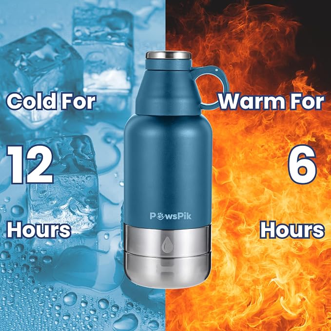 PawsPik 3-in-1 Travel Dog Water Bottle & Bowl Set, 32oz, Blue