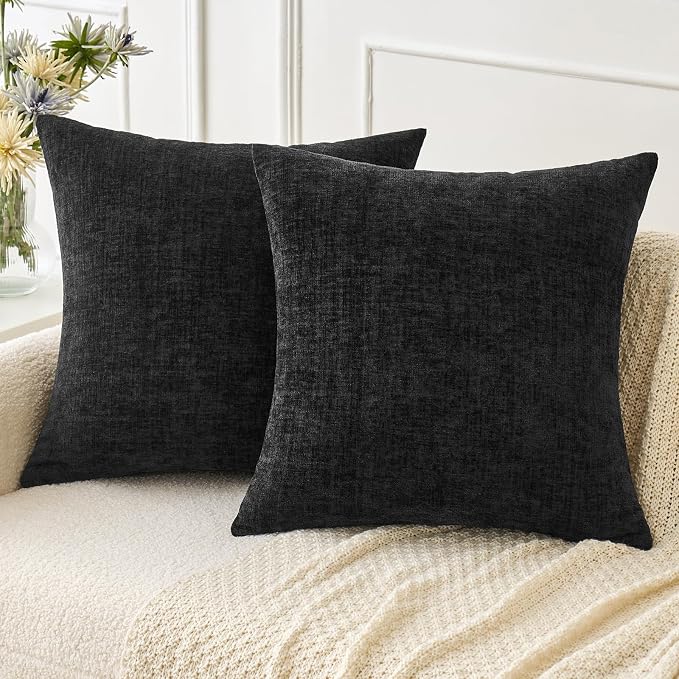 MIULEE Soft Chenille Throw Pillow Covers Black 18x18 Inch Pack of 2 | Modern Home Decor, Classic Decorative Pillows, Solid Dyed Cases, Boho Couch Cushion Covers for Sofa Bed Living Room