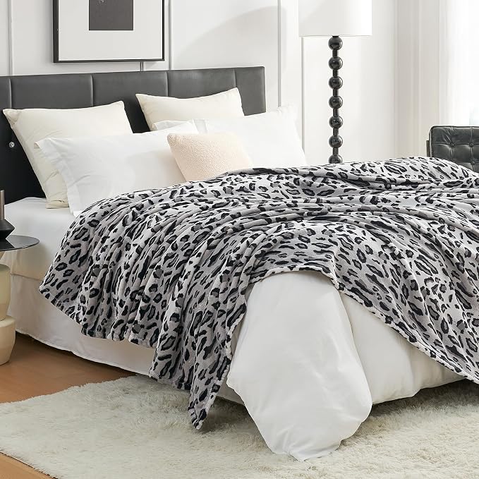 Cozy Bliss Leopard Print Fuzzy Throw Blanket for Couch & Bed, Thick Soft Warm Fleece Blankets for Room Decor, for Girls Kids Women Men, Snow Leopard, Grey 40"*50"