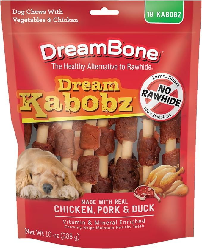 DreamBone Kabobz Rawhide-Free Dog Treats With Real Protein, 18 Count | Daily Chew, Digests Safely and Completely, Made With Real Chicken, Duck, Pork and Veggies, For Adult Dogs