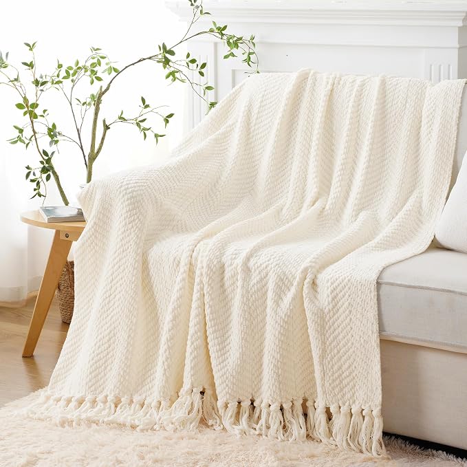 BATTILO HOME Cream Ivory Throw Blanket for Couch, 60"x80" | Textured Knitted Throw Blanket with Tassels, Couch Cover Blanket Warm Decorative White Throw Blankets for Sofa Living Room