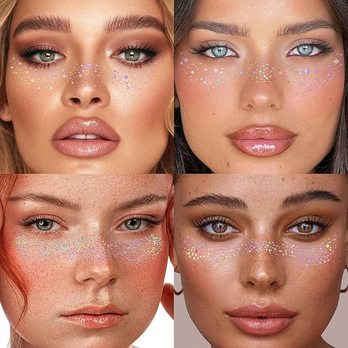 8PCS Glitter Freckles Face Tattoo for Body and Face, Face Glitter Patches for Women, Glow Up Makeup Patches Cosmetic Glitter for Festival Rave Prom (8PCSA holographic multicolor)