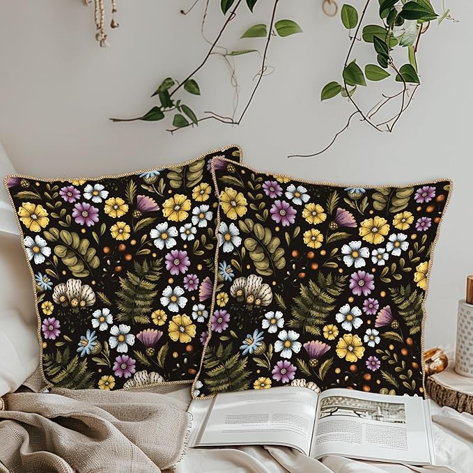 Blue Yellow Purple Floral Soft Velvet Throw Pillow Covers Set of 2 Plant Botanical Flowers Decorative Pillow Covers 16x16 In Vintage Black Pillow Case For Sofa Couch Living Room Farmhouse Home Decor