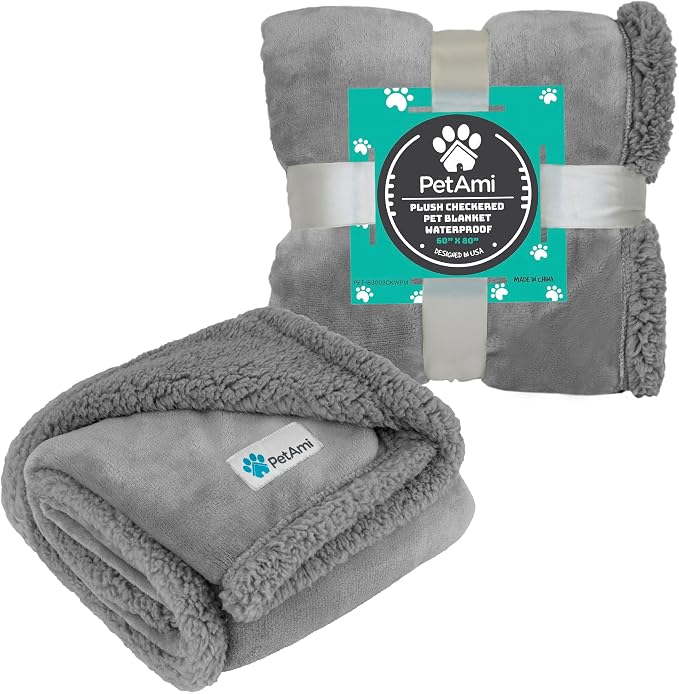PetAmi Waterproof Dog Blanket for Small Dog Puppy Cat, 29x40, Light Grey | 460 GSM Sherpa Fleece Reversible, Pee Proof Pet Blanket, Furniture Protector Cover for Couch Sofa Kennel, Washable