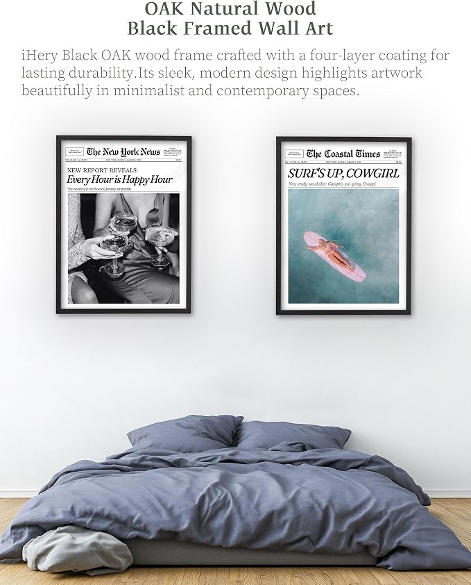 iHery 16x20in Every Hour Is Happy Hour Black Framed Newspaper Wall Art | Premium Black Natural OAK Wood Frame with Canvas Print, Retro Editorial Decor for Bedroom, Girl Dorm, Living Room 1Pack