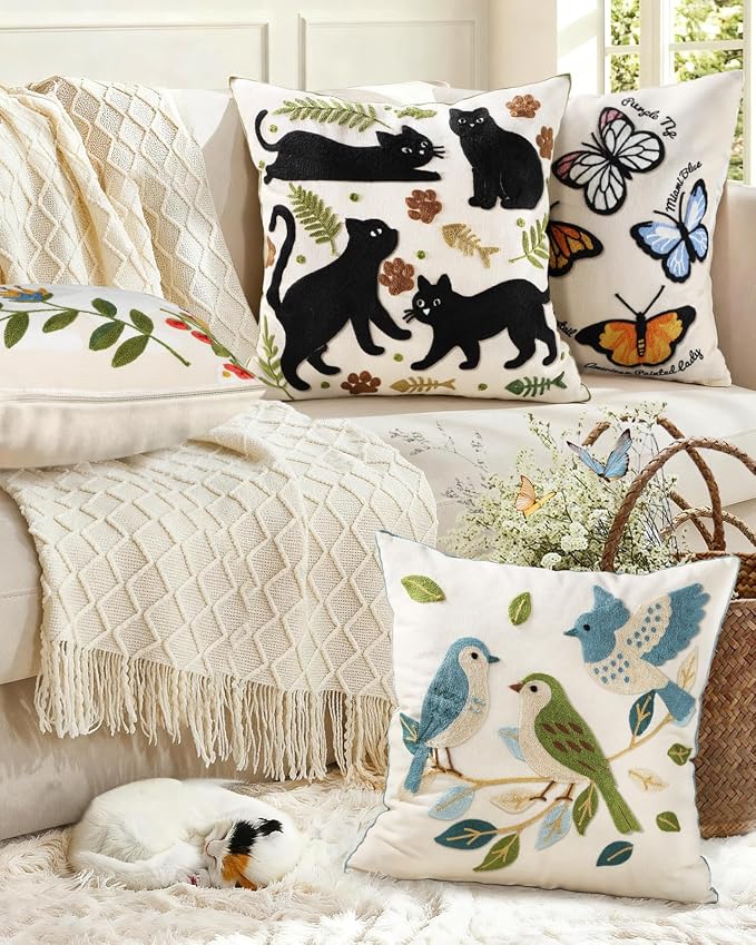Animal Embroidered Throw Pillow Cover 18x18 Inch, Black Cat Leaves | Decorative Pillow Cover, Cottagecore Cushion Cases with Hidden Zipper, Farmhouse Decor for Couch, Sofa, Living Room