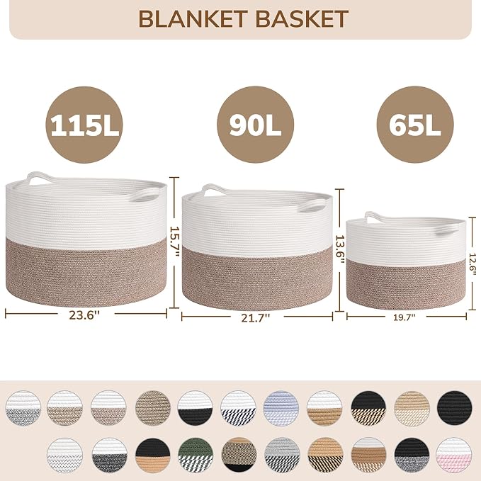 INDRESSME 115L Extra Large Woven Rope Blanket Basket Living Room, Navy | 23.6" x 15.7" Storage baskets for toys laundry & pillows. For living room, bedroom nursery decor. soft-touch, family-sized