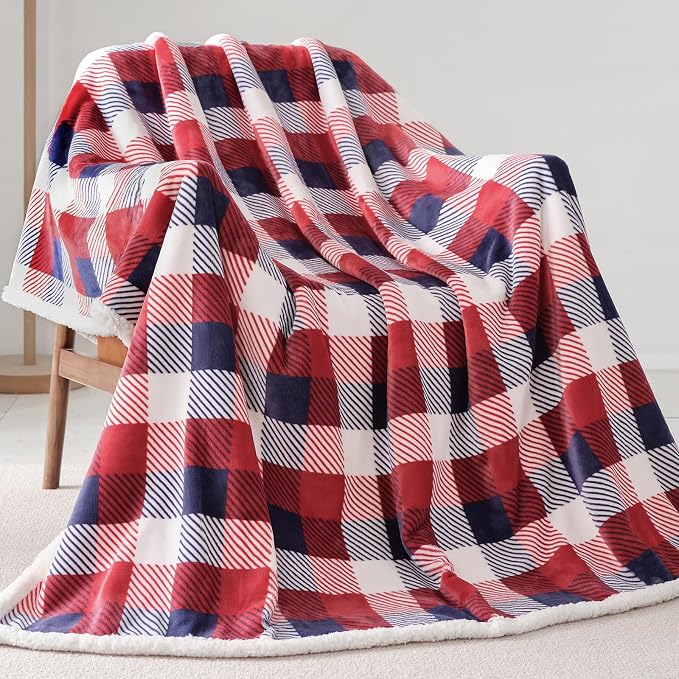 Sherpa Plaid Twin Blanket 60" X 70", Fuzzy Fluffy Soft Cozy Throw Blanket, Twin Size Plush Fleece Flannel Plush Microfiber Blanket for Couch Bed Sofa (Red Color)