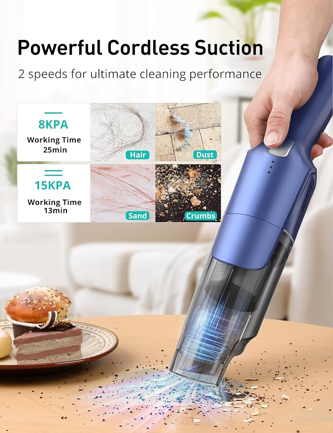 Handheld Vacuum Cordless, 24KPA Powerful, Rechargeable, Charging Dock, Ergonomic Handle, 2-in-1 Crevice Tool, 1.8lb Portable Vacuum Cleaner with 2-Speed for Car, Portable Car & Pet Hair Vacuum
