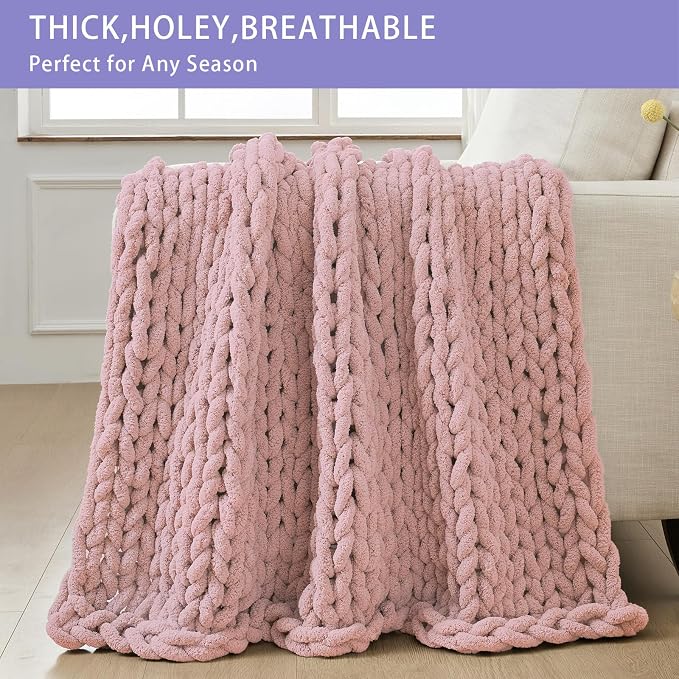 Bigacogo Chunky Knit Throw Blanket for Couch, 40x60 inches, Dusty Pink | Hand Knit with Jumbo Chenille, Soft Breathable Cable Knit for Sofa Bed Living Room, Machine Washable, Gift for Mom Friend