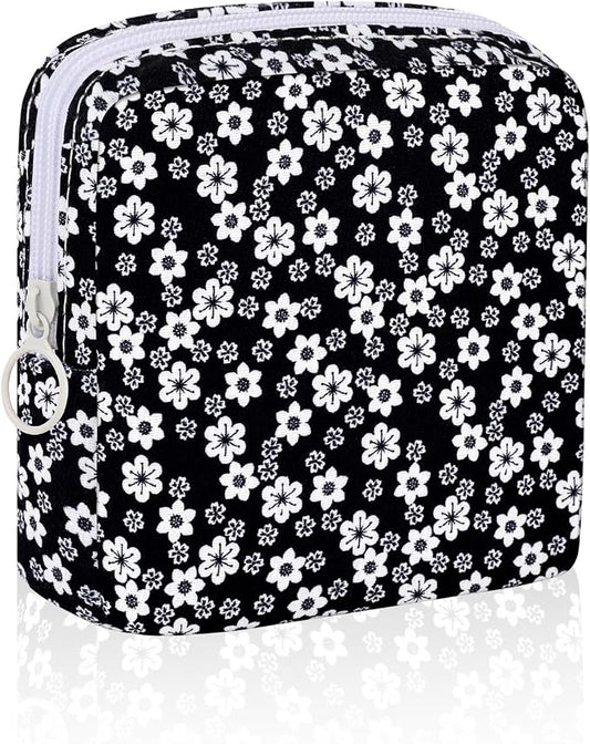 Floral Sanitary Pad Pouch Canvas Period Pad Bags for Women Black | Discreet, Portable, Menstrual Cup and Sanitary Napkin Storage, First Period Kit Storage, Tampon Bag