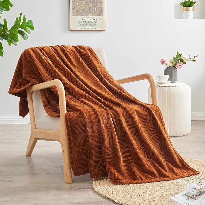 Super Soft Flannel Fall Throw Blanket, 50 x 60 Inches, Caramel | Lightweight Cozy Warm Leaves Textured Plush Fleece Blanket for Bed Couch Sofa