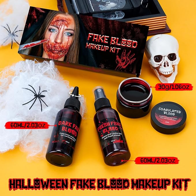3PCS Halloween Fake Blood Kit, 2.03oz Fake Blood Spray and 2.03oz Dripping Blood and 1.06oz Coagulated Gel Blood, Realistic Washable Fake Blood Makeup for Zombie Vampire Monster Cosplay & Dress Up