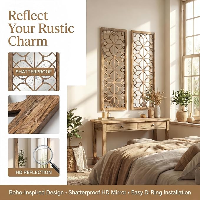 Set of 2 16x41.5 Inch Large Carved Floral Wood Frame Wall Mirrors, Shatterproof Boho Farmhouse Rustic Accent Mirrors for Living Room, Bedroom, Bathroom, Entryway & Home Wall Decor，Maroon