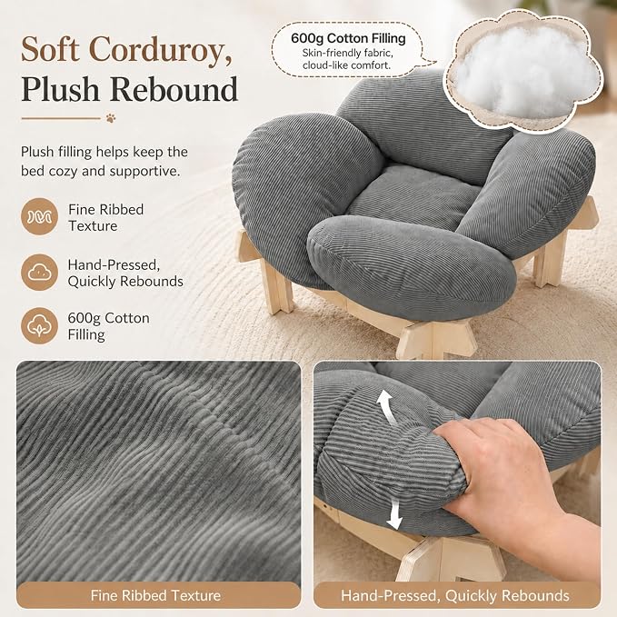 Elevated Cat Bed Wooden Frame, Sofa Furniture with Washable Cushion (Gray) | Soft Beds with Extra Filling prevent flattening, while Stable Wooden Frame with Base Board supports 50 lbs for Kitty & Puppy.