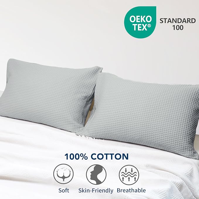 100% Egyptian Cotton Waffle Weave Pillowcases Standard Size 2 Pack | Ultra Soft Pillow Shams with Envelope Closure, Breathable Skin-Friendly Decorative Bed Pillow Case, Gray, 20"x26"