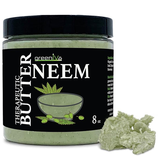 GreenIVe Neem Butter 100% Pure All Natural Body Butter Handcrafted Neem Seed Oil Coconut Oil Kokum Butter Marula Oil Rosemary Leaf Soothing Moisturizing Body Face Lip Hair Scalp Nail Care (8oz)