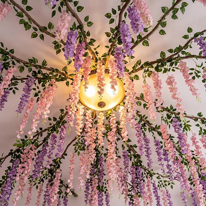 Wisteria Hanging Vines Flowers, Fairy Classroom Ceiling Decor | Artificial Greenery for Enchanted Parties, Purple Pink White Strands for Indoor Outdoor Garden, DIY Ceiling Decoration Set