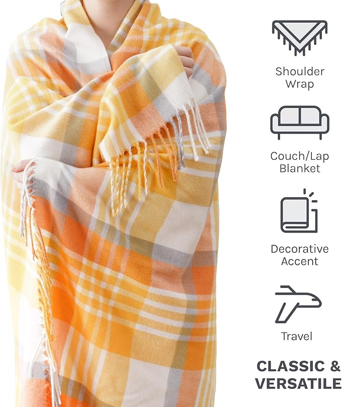 Yellow Plaid Throw Blanket for Couch, Spring Summer Throw Blankets 50"x60" | Lightweight Farmhouse Blanket, Soft Cozy Woven Throw with Tassels, Buffalo Plaid Blanket for Bed, Sofa, Home Decor