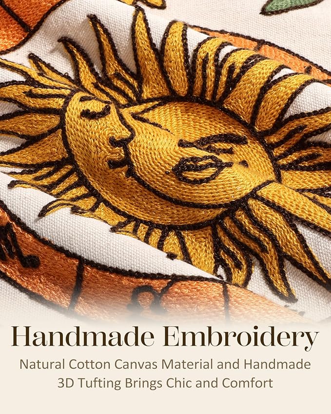 Embroidered Throw Pillow Cover 18x18 Inch, Sunflower Moon | Decorative Pillow Cover, Farmhouse Boho Cushion Case with Hidden Zipper, Autumn Decor for Couch, Sofa, Living Room, Bedroom