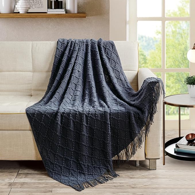 BOURINA Navy Throw Blanket 50 x70 Inch Jacquard Throw Knitted Blanket | Jacquard Argyle Throw Textured Solid Soft Throws and Blankets for Sofa or Bed Knitted Decorative Blanket