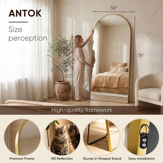 Antok 78" x38” Arched Full Length Floor Mirror, Gold Aluminum Frame, Free Standing/Wall Mount/Leaning for Bedroom, Living Room, Dressing Room