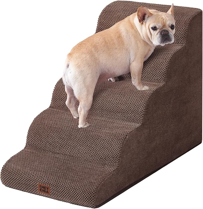 EHEYCIGA Curved Dog Stairs Ramp, 5-Step Extra Wide High Beds, Dog Steps | 33D density of pure foam, for Small Dogs and Cats, Pet Stairs for High Bed Climbing, Non-Slip Balanced Indoor, Brown