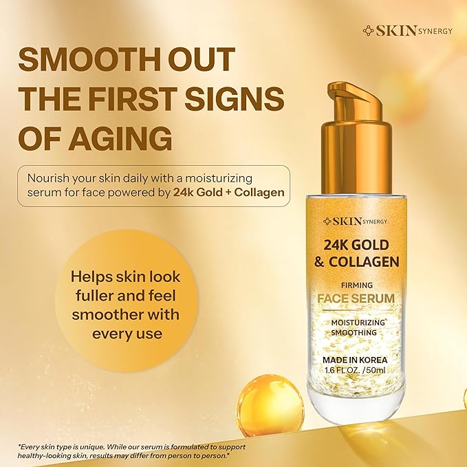 Face Serum with 24K Gold & Collagen – Hydrating, Firming & Radiance Boosting Formula – Dermatologist Tested, Anti-Aging, Korean Skin Care – Clean Beauty, Vegan, Cruelty Free – 1.69 Fl Oz