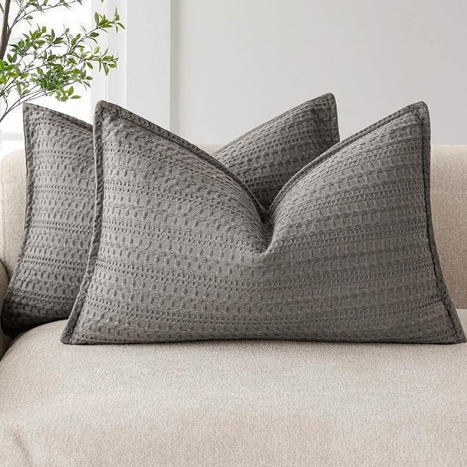 Foindtower Set of 2 Decorative Cotton Waffle Weave Lumbar Throw Pillow Covers Euro Shams Cushion Covers Accent European Pillowcase for Bed Couch Bedroom Living Room Home Decor 12×20 Inch Taupe Gray