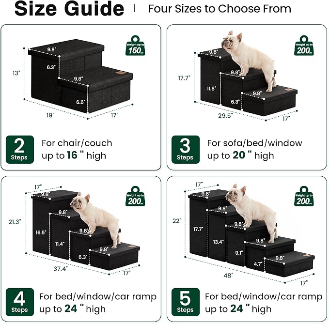 Love's cabin Dog Stairs for High Bed, Foldable Pet Stairs for Small Medium or Large Dogs Puppy with Storage for Bed or Couch, Cat Dog Steps Ramp with Zip up to 200 lbs, Black, 5 Steps