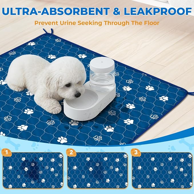Fostanfly Washable Pee Pads for Dogs, Ultra-Absorbent, 36"x48"-2 Pack, Blue | Leak-Proof, Waterproof, Non-Slip, Large Reusable Pee Pads for Puppy Potty Training, Crate and Playpen with 8 Tie Straps