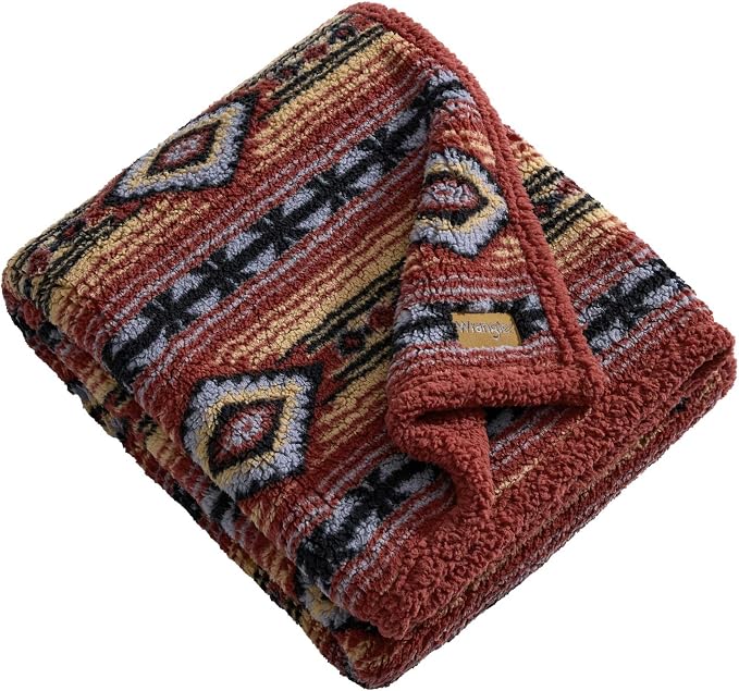 Wrangler - Reversible Throw Blanket, 50 x 60, Printed Sherpa Fleece Blanket for Bed & Couch, Cozy Decorative Throw, Anguston Red