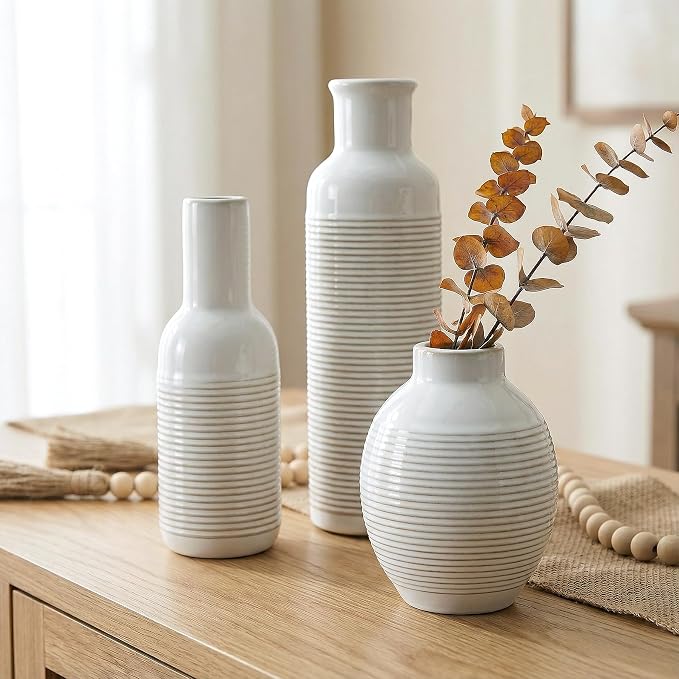 Rustic Farmhouse Vase Set of 3 - Ceramic Decorative Flowers Vases Home Decor - Pampas Grass Dried Fresh Flowers - for Centerpiece, Table, Mantel Entryway, Kitchen, Bedroom (White)