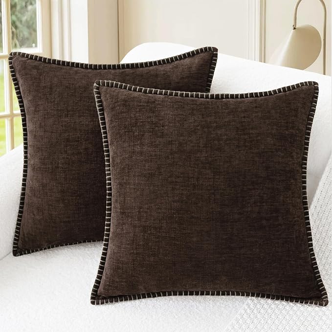 CaliTime Decorative Couch Throw Pillow Covers 20 X 20 Inches Coffee | Pack of 2, Cozy Chenille Cushion Cases, Cotton Thread Stitching Edges, for Sofa Bed Living Room Farmhouse