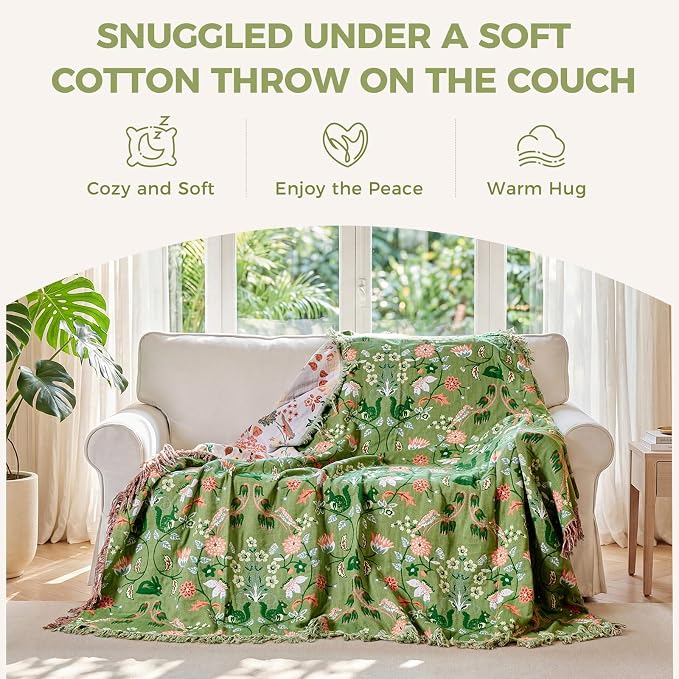 LUTBM Boho Throw Blanket for Bed 60"x80", 100% Cotton Green Couch Blankets | Soft Reversible Floral Animals, All-Season Twin Quilt, For Chair Sofa Living Room Decor, Lightweight & Breathable, Women Gift