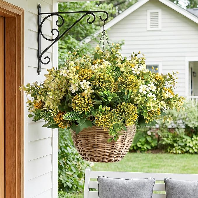RM ROOMERS Artificial Flowers Plants for Outdoors, Fake Flowers for Garden | Yellow & White Floral Arrangement UV Resistant Faux Flower for Porch Windowbox Front Door Yard No Fade Home Decor (3 Bundles)