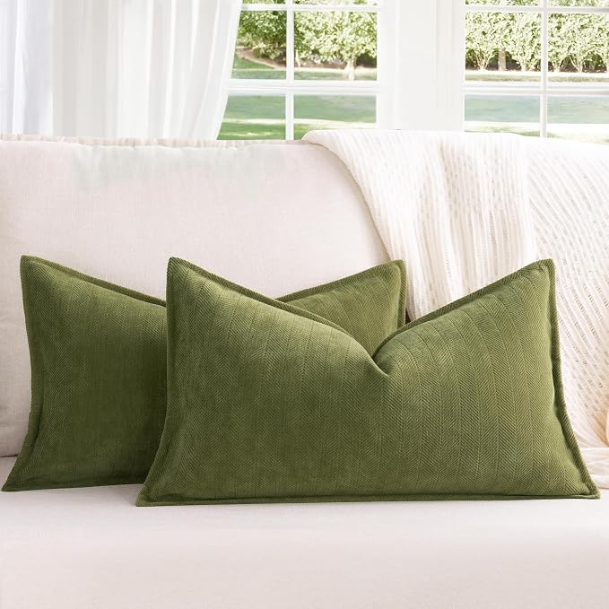 Olive Green Pillow Covers 12x20 Set of 2 Chenille Throw Pillow Covers with Elegant Design Soft and Luxurious Decorative Throw Pillows for Couch, Bed, and Home Decor