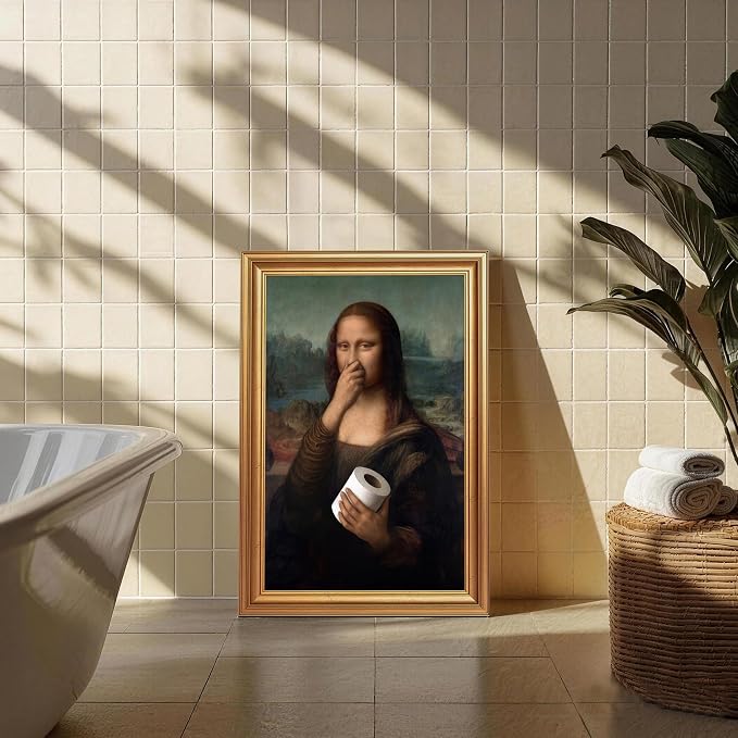 ICHZUMW Gold Framed Funny Mona Lisa Toilet Paper Canvas Wall Art, 16x24 In | Quirky Humorous Parody Painting Bathroom Wall Decor, Restroom Powder Room Guest Toilet, Fade Resistant, Ready to Hang