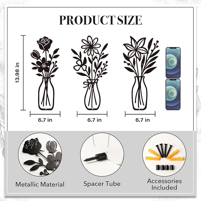 CarryWise 3 Piece Metal Flower Wall Art for Bedroom Living Room Rustic Farmhouse Floral Wall Decor for Bathroom Dining Room Boho Home Decorations Modern Minimalism Walls Hanging Sculptures(Black)