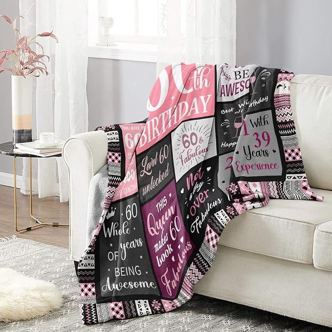Ivivis 60th Birthday Gifts for Women Throw Blanket 60”X50”, Happy 60th Birthday Decorations Gift Ideas for 60 Year Old Woman, 1966 Bday Gifts for Mom Grandma