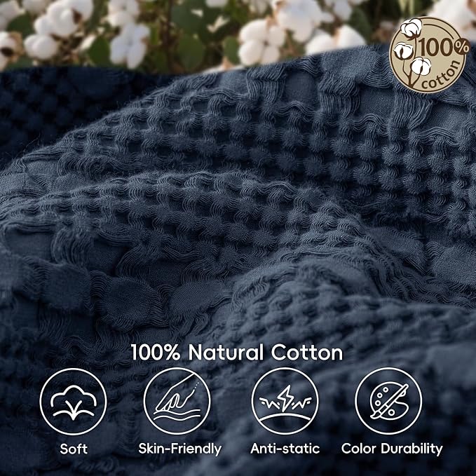 PHF 100% Cotton Waffle Blanket Twin Size, Lightweight Breathable Summer Blanket for Hot Sleepers, Pre-Washed Soft Layer for Bed, Dorm, Couch & Guest Room, Home Decor Gift, 66"x90", Indigo