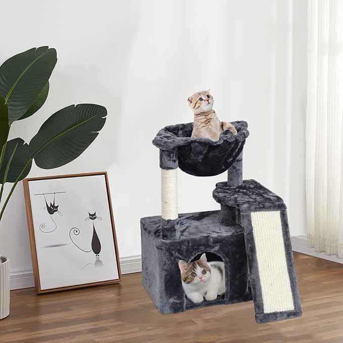 SYANDLVY 23.62" Cat Tree for Indoor Large Cats, Cat Tower with Scratching Posts & Board, Modern Cat Bed Furniture with Condo & Basket (Smoky Grey)