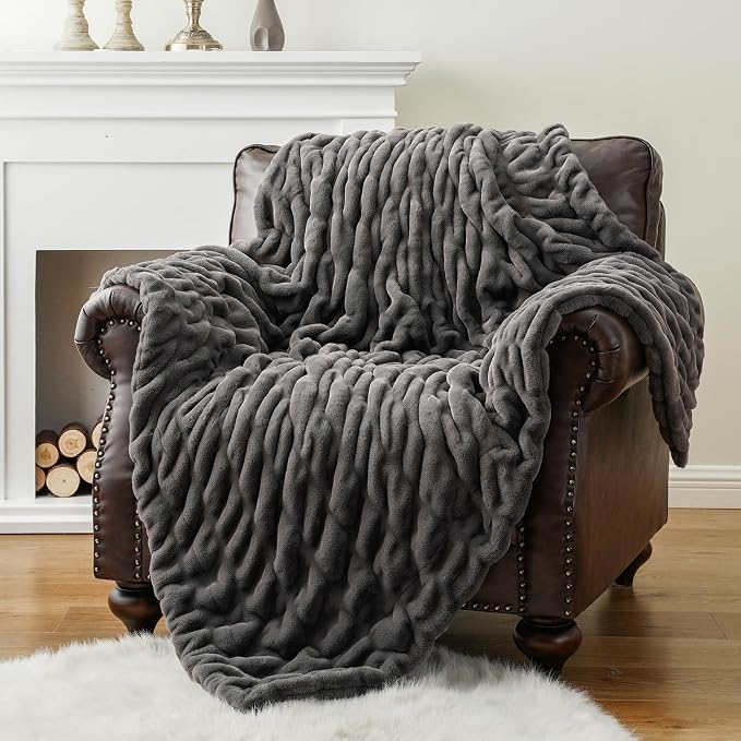 BATTILO Grey Faux Fur Throw Blanket for Couch, 50"x60", Double Side | Luxury Minky Couture Blanket, Premium Silky Cozy Soft Bubble Faux Fur Blanket For Bed, Sofa Living Room