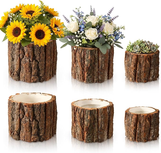 6 Pcs Wooden Vase for Centerpieces Wedding Flower Table Centerpieces Woodland Party Decor Rustic Farmhouse Bark Stump Buckets Vintage Planter Pots for Garden Baby Shower Window Home (L+m+s)