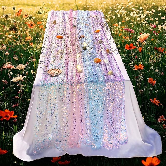 Blue Sequin Table Runner, 10 Ft 1 Pack, Perfect for 6 - 8 Ft Tables, Iridescent Table Runner 120" x 17" 1 Pack for Wedding Baby Shower Birthday Decorations