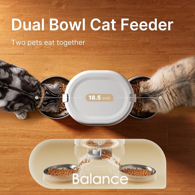 Automatic Cat Feeder for 2 Cats, Dual Cat Feeder with 5G WiFi APP | Cat Food Dispenser App Control, Timed Precise Feeding, Portion Control, 5L Auto Pet Feeder, Double Stainless, Voice Recorder