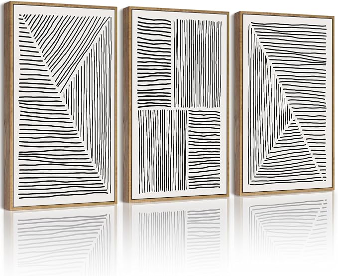 Drsoum Mid-Century Modern Framed Wall Art Minimalist Abstract Boho Black Line Wall Decor Geometric Artwork Kitchen Dining Room 11x14in Natural Framed