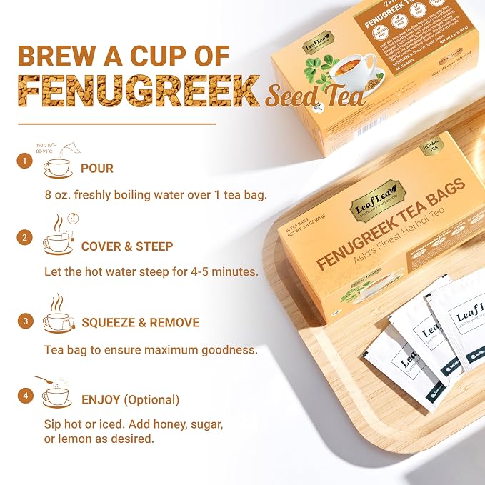 LeafLea Fenugreek Tea Bags, Pure Fenugreek Seed Herbal Infusion, 40 Count | 100% Pure Fenugreek Seeds, Fenogreco Tea, Nutty Maple-Like Flavor, Caffeine-Free, Vegan, Individually Foil-Wrapped