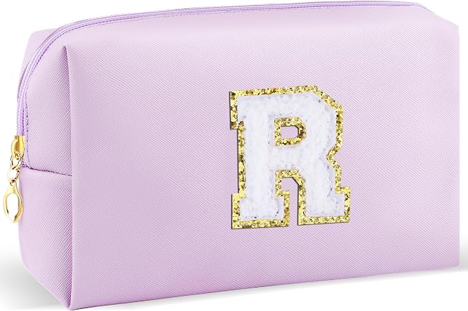 URSKYTOUS Gifts for Girls Initial Makeup Bag Personalized Cosmetic Bag with Zipper Cute Travel Toiletry Bag Waterproof PU Preppy Makeup Pouch Birthday Gift for Teen Girls Women(Purple R)
