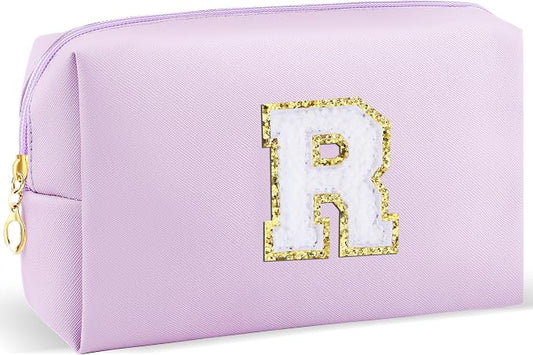 URSKYTOUS Gifts for Girls Initial Makeup Bag Personalized Cosmetic Bag with Zipper Cute Travel Toiletry Bag Waterproof PU Preppy Makeup Pouch Birthday Gift for Teen Girls Women(Purple R)